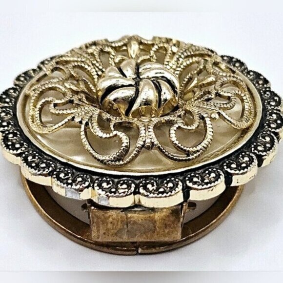 Vintage West Germany Scarf Ring Hinge Clip Gold Tone Ornate 3D Design Round - Picture 9 of 9